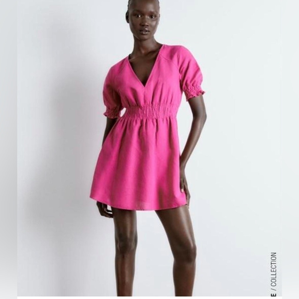 Zara Linen Blend Dress With Elastic Waistband Pink Women's Small